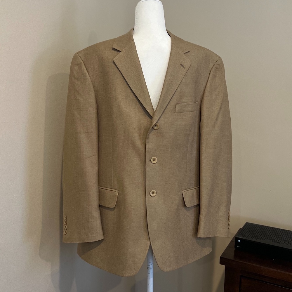 Men's Tan Andrew Fezza Sport Coat Jacket 42 Short 100% Silk Interior
